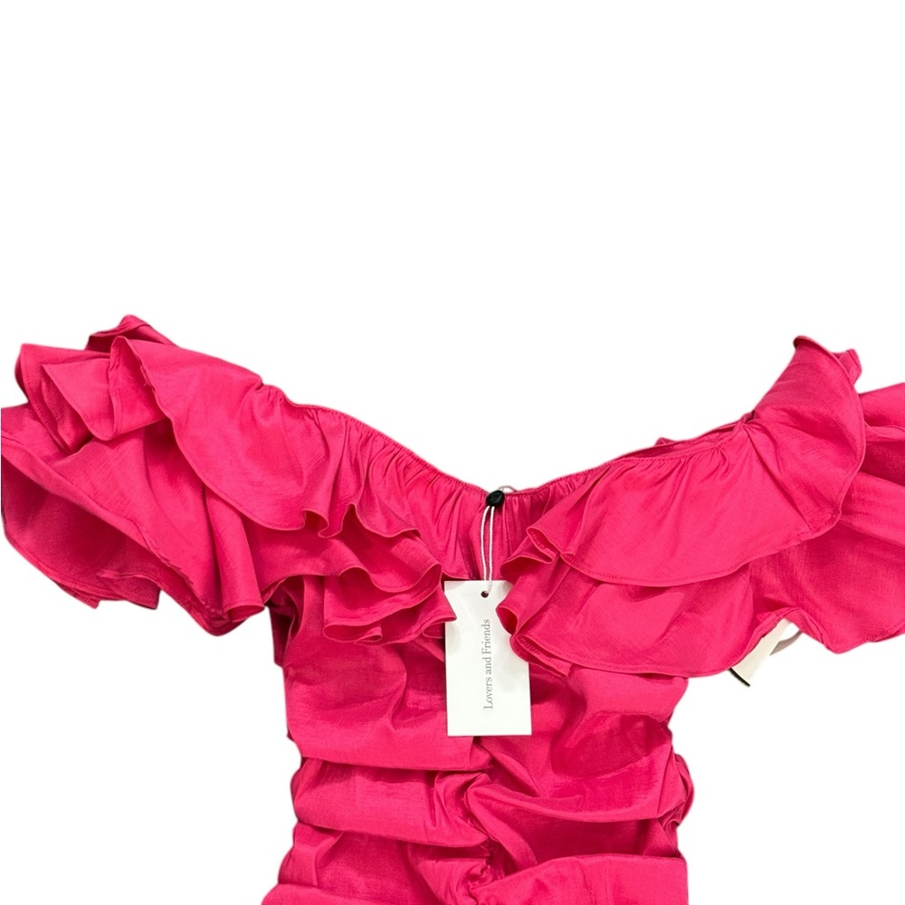 NWT Lovers + Friends Nikolina Ruffles Off-Shoulder Ruched Dress in Magenta Sz S - Picture 9 of 15